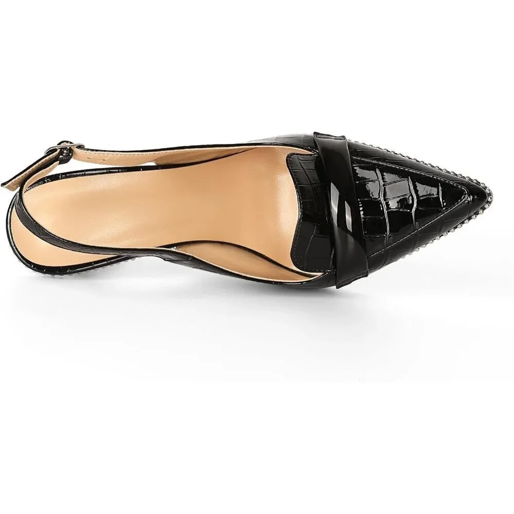 Women Crocodile Black Stiletto Beaded Pointed Toe Slip On Loafers Slingback Heel
